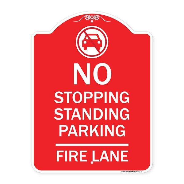 No Stopping Standing Fire Lane W/ Graphic, Red & White Aluminum Sign, 18" x 24", RW-1824-23573